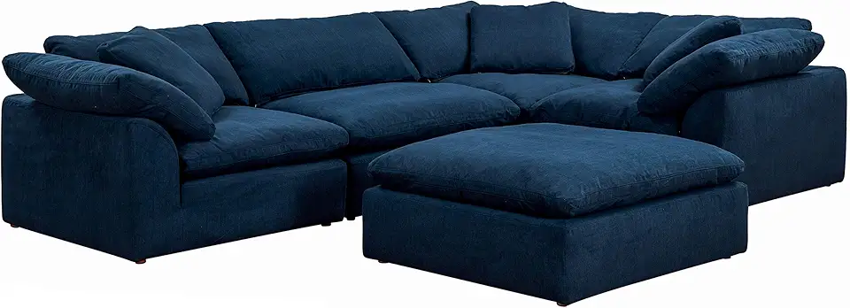 Sunset Trading Contemporary Puff Collection Slipcover Only for 5 Piece L-Shaped Sectional Sofa w Ottoman| Modular Couch Fitted Cover | Stain-Proof Water-Resistant Washable Performance Fabric Navy Blue