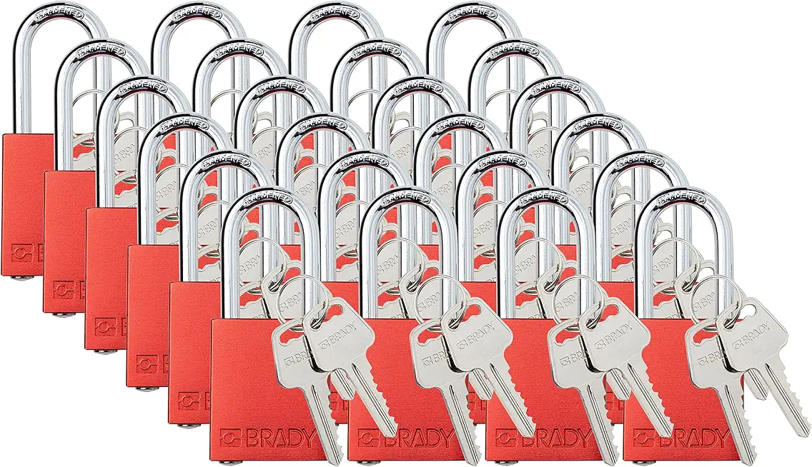Brady Safety Lockout Padlock Sets - 24 Pack - Red - Keyed Alike Safety Lockout Padlocks - 2 Keys Per Lock - SDAL-RED-38ST-KA24