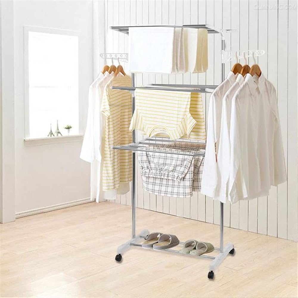 Stainless Steel Three Layer Foldable Hanger Clothes Drying Rack Storage Bathroom Household Shoes Movable Hanger Clothes