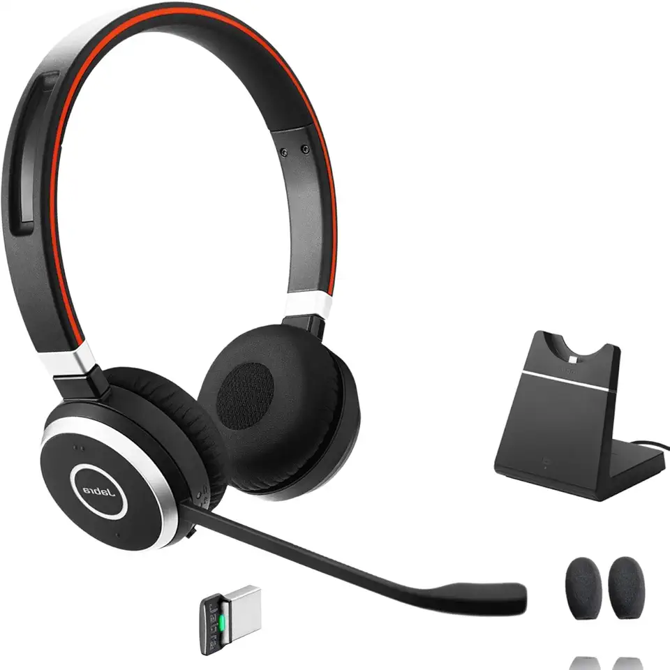 Jabra Evolve 65 Bluetooth Stereo Headset Bundle, MS Version, Two Mic Cushions, USB Dongle, Charging Stand, Compatible for Skype for Business, Lync, Teams, Voice & Video Apps, Smartphones, Pc, Mac