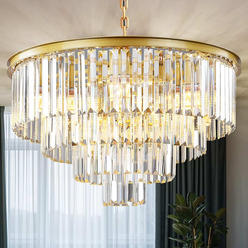 Gold Modern Crystal Chandelier, 4-Tier Round Flush Mount Ceiling Light Fixtures Height Adjustable Pendant Lighting for Dining Room Living Room Bedroom Kitchen Hotel Foyer