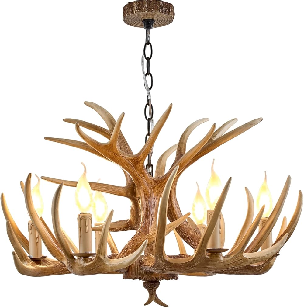 Antler Chandelier 6 Light, Rustic Style Antler Light Fixtures, E12 Base Deer Antler Chandelier Lighting for Home Store Bar (6 lamp arms + 3arm)