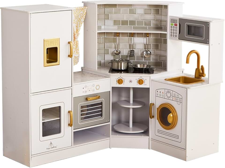 Kids Corner Play Kitchen Set, Wooden Pretend Play Kitchen with Metal Utensils Accessories, Fridge, Sink, Burner, Laundry Playset, Microwave Oven, Cake Turntable, Gifts for Ages 3-8