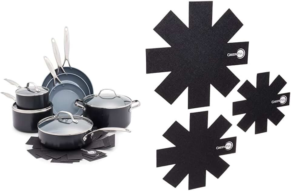 GreenPan Valencia Pro Hard Anodized Induction Safe Healthy Ceramic Nonstick, Cookware Pots and Pans Set, 11 Piece, Gray & Pan Protectors, Set of 3