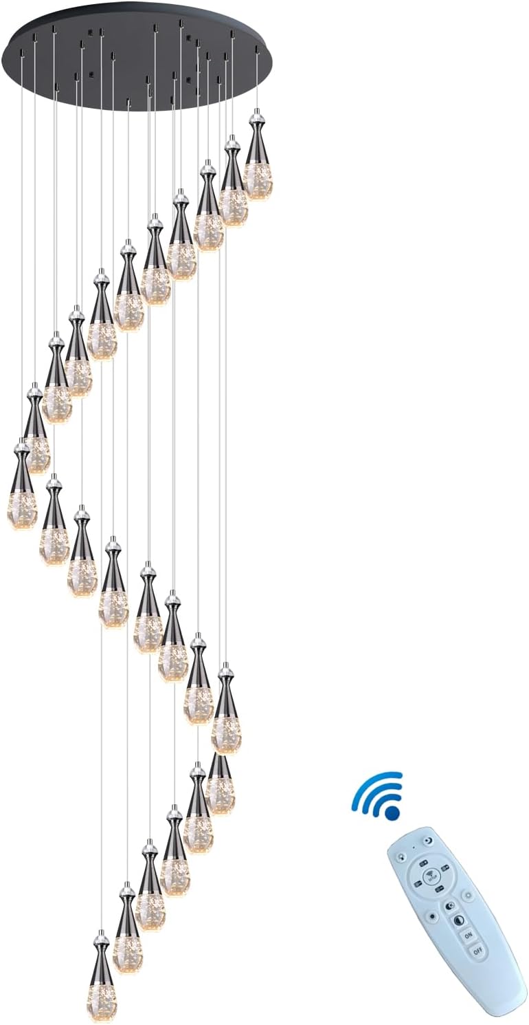 Modern Raindrop Crystal Chandelier Lighting 24-Light 157inch Black Bubble Crystal Ceiling Pendant Light Dimmable Staircase Chandeliers Adjustable CCT 3000-6500K (24-Light, Titanium Black)