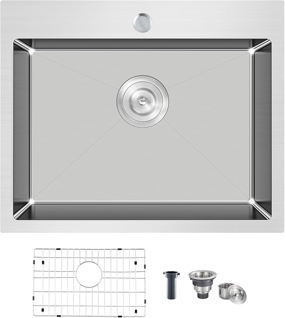 23×18×9 inches Drop-in Kitchen Sink Single Bowl, Small Top-Mount Kitchen Sink with Protective Bottom Grid, Overmount 304 Stainless Steel Kitchen Bar Sink Handmade with Basket Strainer