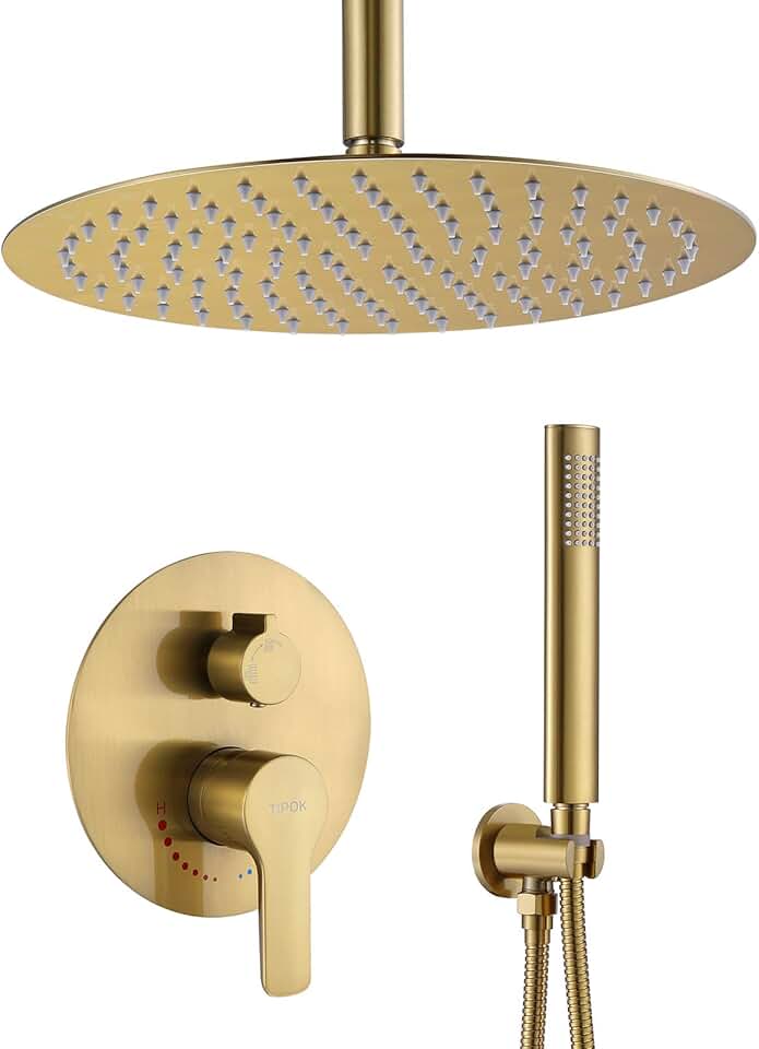 Gold Shower System, Ceiling Shower Faucet Has 12 Inch Round Gold Rain Shower Head With Handheld and Valve, TIPOK Brush Gold Rainfall Shower Head System