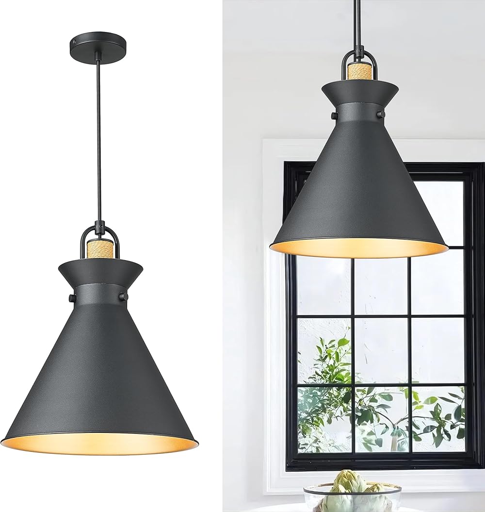 Emliviar Modern 14 Inch Pendant Light Fixtures, 1-Light Farmhouse Hanging Light for Kitchen Barn, Adjustable Cord with Black Finish, YSE2MIL-M BK