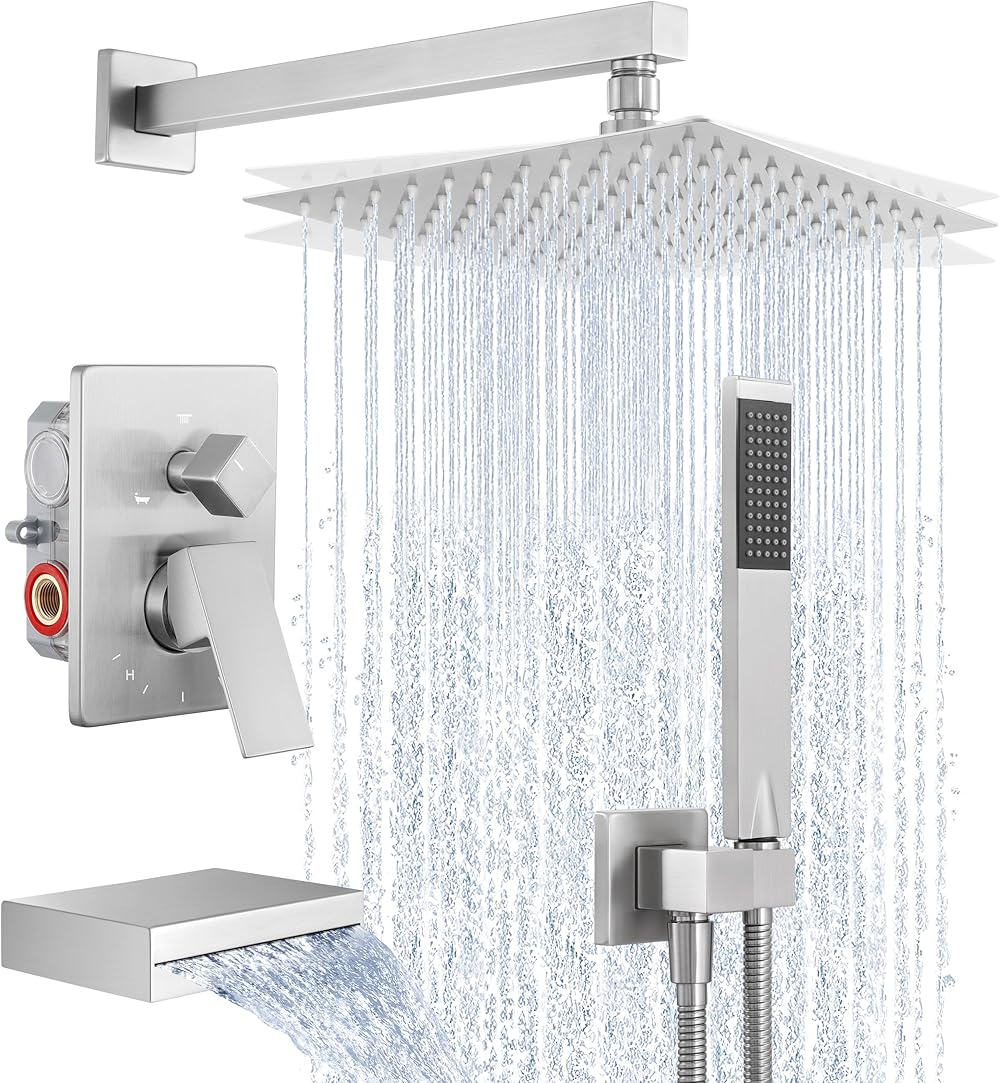 KES Bathtub Shower Faucet Set with Waterfall Tub Spout Shower System 3-Function Shower Faucets Sets Complete with 10 Inch Rain Shower Head, XB6305-BN