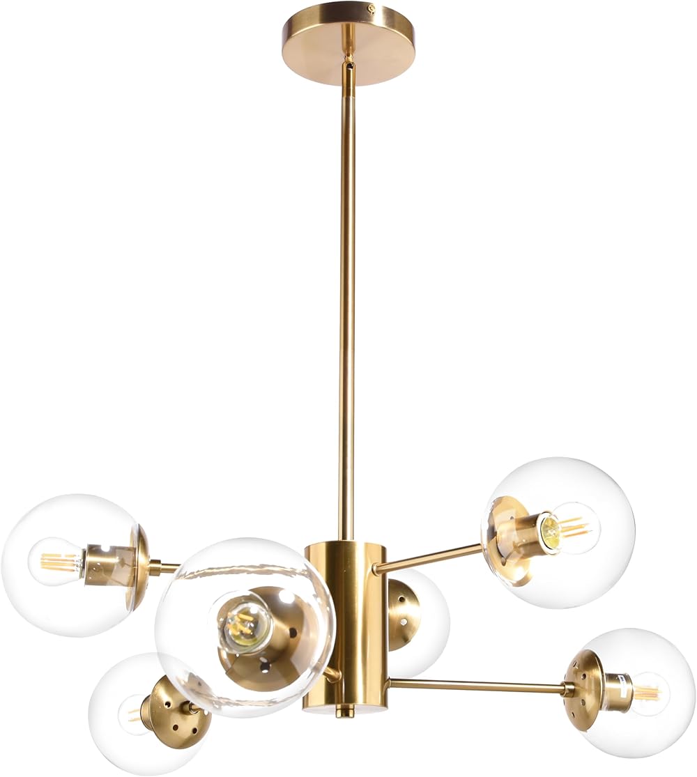 6-Light Globe Sputnik Chandelier Modern Gold Sputnik Chandelier Mid Century Pendant Light Brushed Brass Finished with Clear Globe Glass Lampshade Sputnik Chandeliers for Dining Room Kitchen
