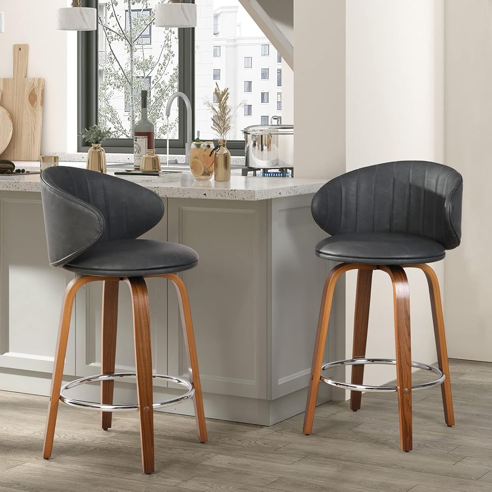 Modern Bar Stools Set of 2 Mid Century Bentwood Barstools Swivel Faux Leather Stools with Back for Kitchen Counter Restaurant, Grey