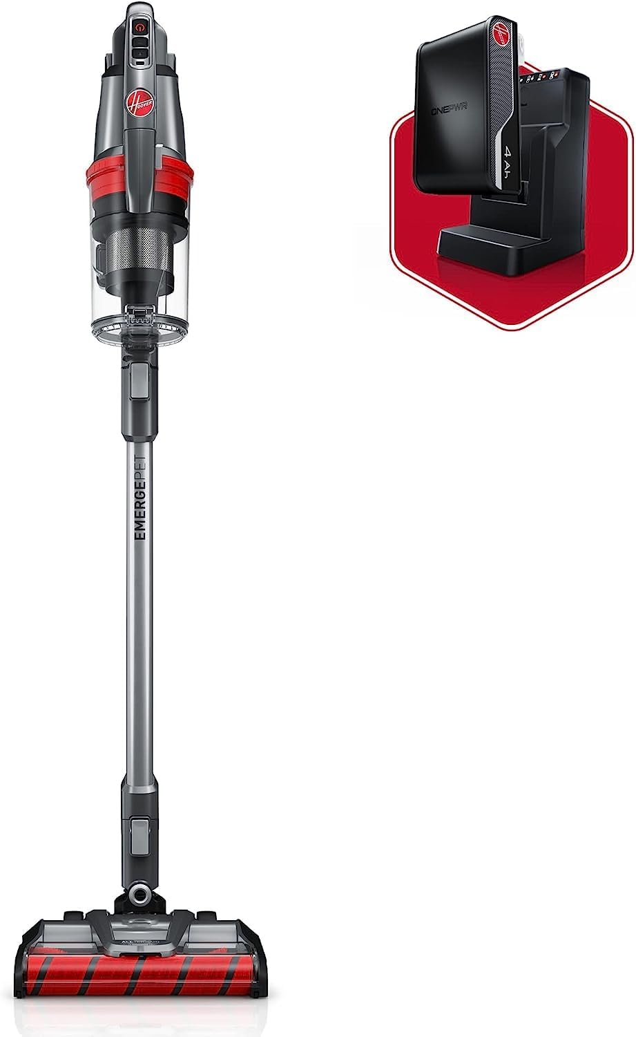 Hoover ONEPWR WindTunnel Emerge Pet Cordless Lightweight Stick Vacuum Cleaner, with Above Floor Cleaning, All-Terrain Brush Roll, Self-Standing, Powerful Suction, BH53604V, 20 Volts, Silver
