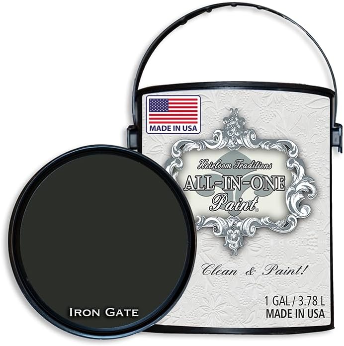 ALL-IN-ONE Paint, Iron Gate (Black), 128 Fl Oz Gallon. Durable cabinet and furniture paint. Built in primer and top coat, no sanding needed.