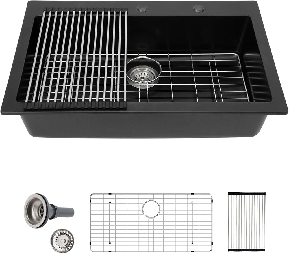 31 Black Granite Composite Sink Drop in - Sarlai 31 Inch Topmount Kitchen Sinks Granite Composite Single Bowl Over Mount Matte Black Granite Sink