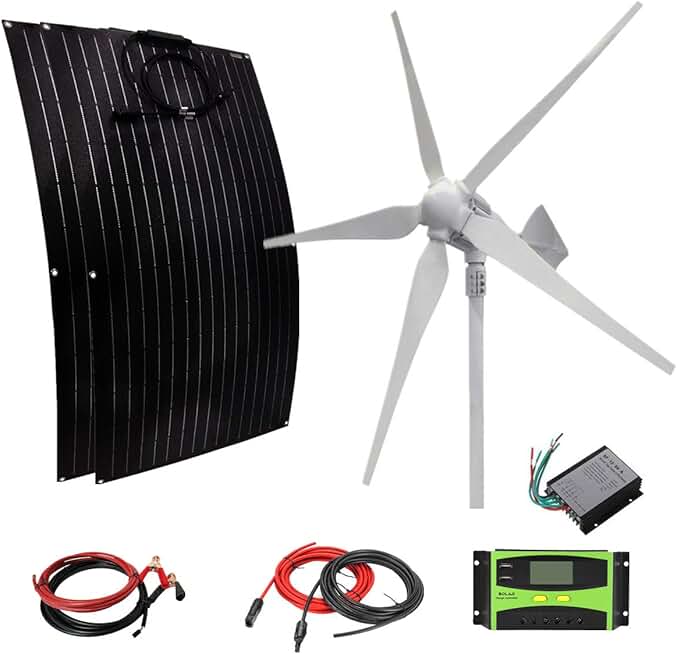 1000W 24V Solar Wind Hybrid Kit: 2 x 100W ETFE Flexible Solar Panel & 800W Wind Turbine & Accessories for 24V Battery Charger