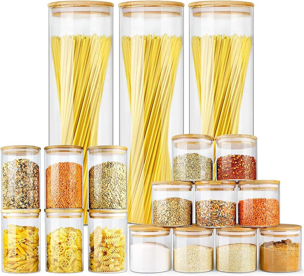 Glass Jars with Bamboo Lids 18 Pack, Glass Food Jars and Canisters Sets, Glass Food Storage Containers with Lids, Glass Pantry & Kitchen Origination Jars, Glass Jars with Airtight Lids