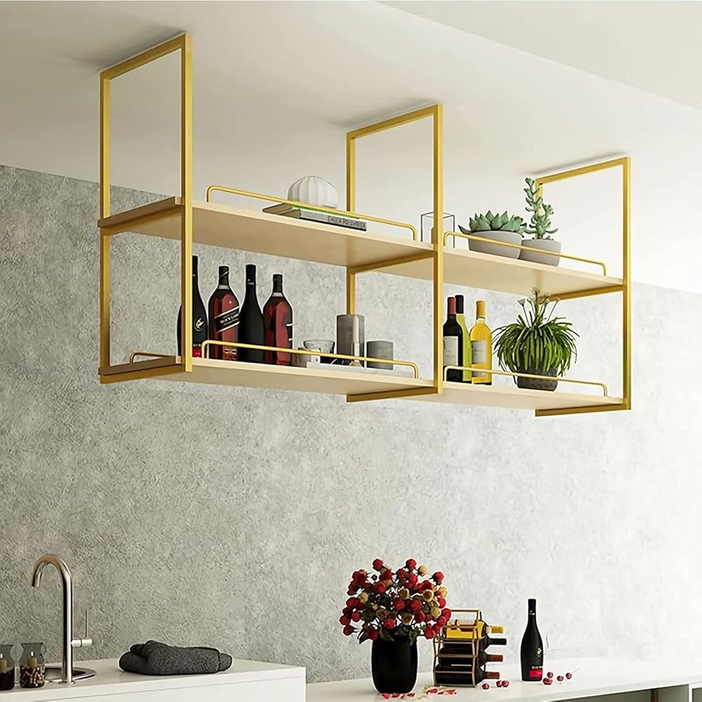 Ceiling Shelf Hanging Storage Shelves Wine Glass Rack, Wine Bottle Holder for Garden Cabinet Kitchen Bar, Flower Stand Kitchen Pot Pan Rack with Guardrail - Gold (Size : 80x30x80cm)
