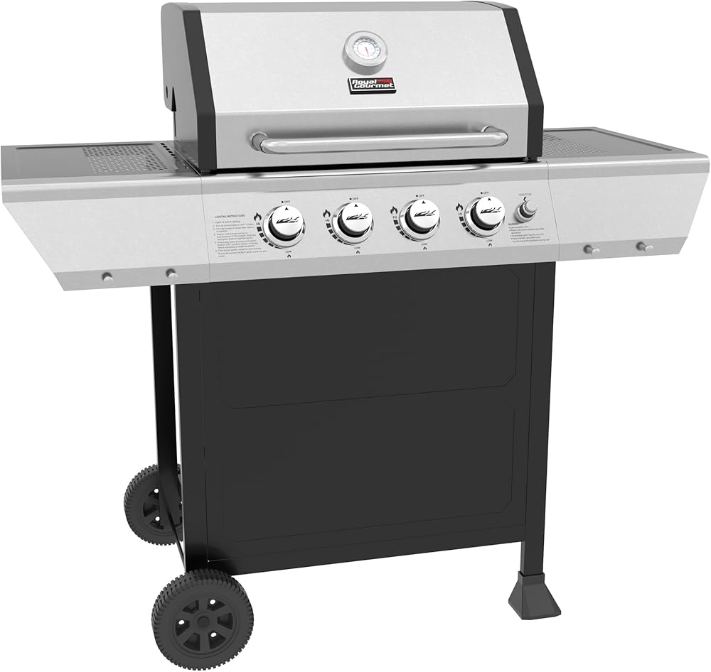 Royal Gourmet 4-Burner BBQ Propane Gas Grill with Stainless Steel Upper Lid, Outdoor Barbecue Gas Grill for Patio Garden Barbecue, 34,000 BTU Output, Black & Silver