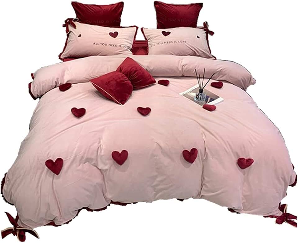 Four-Piece Velvet Love Embroidery Warmth Autumn and Winter Pleated Quilt Cover Thick Bedding (Color : 7-Piece Suit Size : 1.5m) (6 piece Suit)