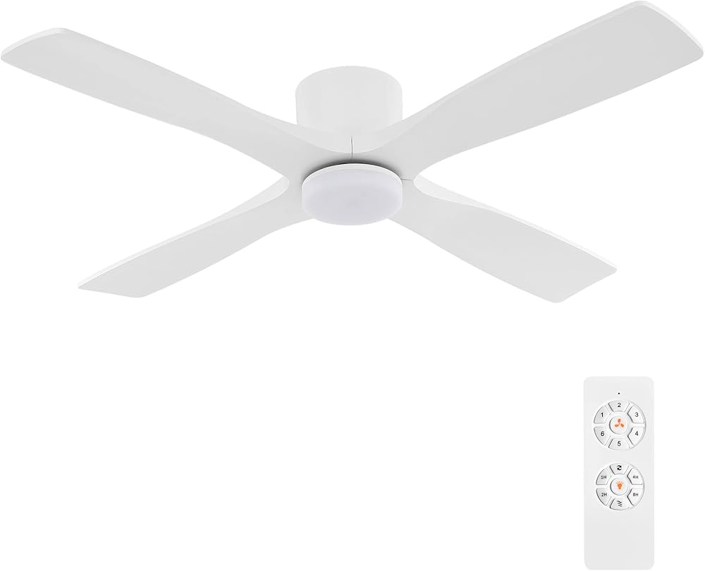 WINGBO 54 Inch Flush Mount DC Ceiling Fan with Lights and Remote, 4 Reversible Carved Wood Blades, 6-Speed Noiseless DC Motor, Hugger Ceiling Fan in Gloss White with White Blades, ETL Listed