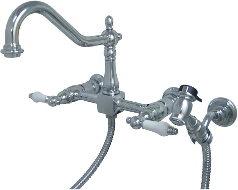 Kingston Brass Elements of Design ES1241PLBS New Orleans 8' Center Wall Mount Kitchen Faucet with Brass Sprayer, 8- 1/2', Polished Chrome