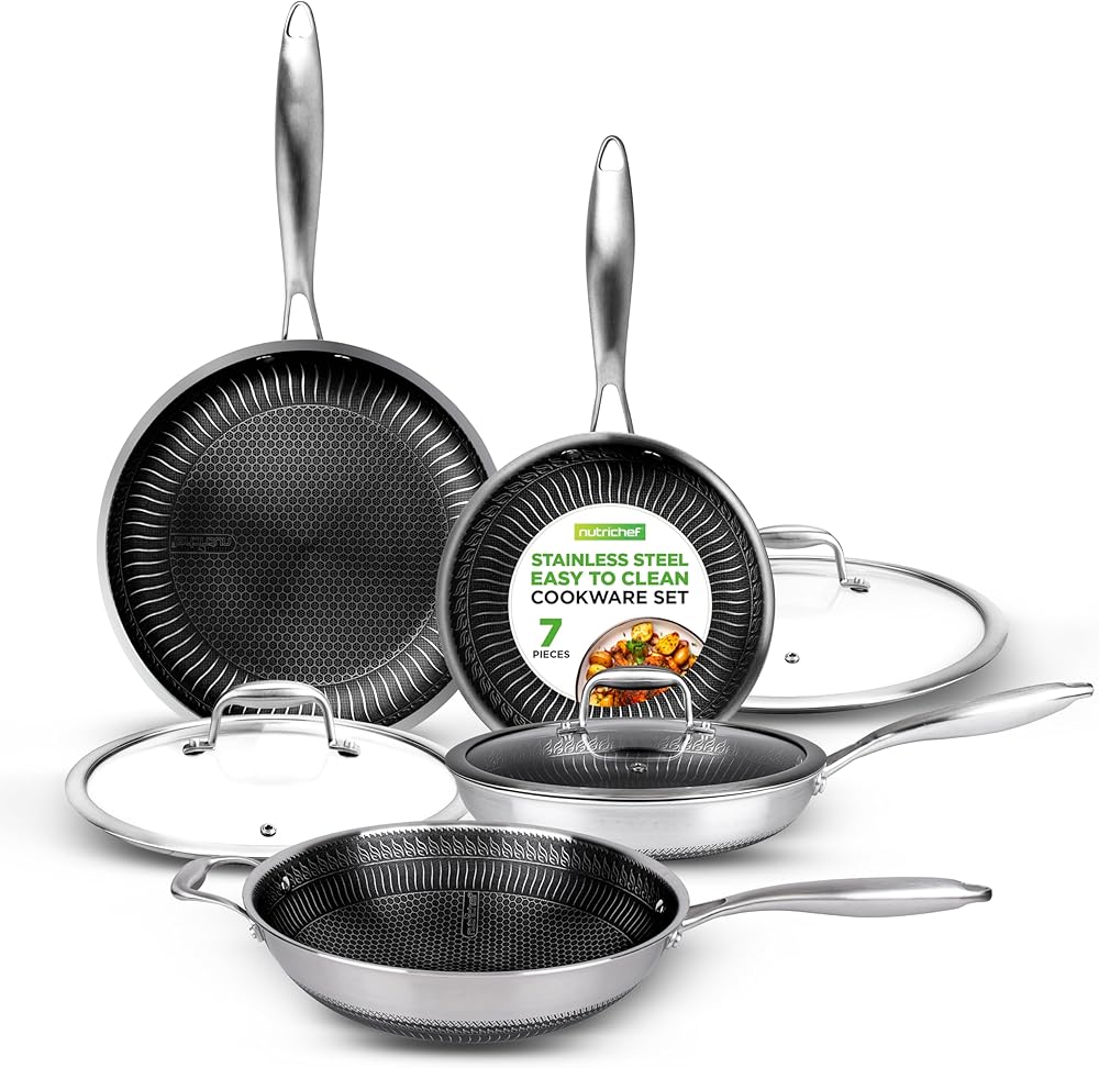 NutriChef 7-Piece Triply Stainless Steel Cookware Set - Non-Stick Honeycomb Fire Textured Pattern Frying Pans and Wok with Lids, Oven & Dishwasher Safe, Suitable for All Cooktops