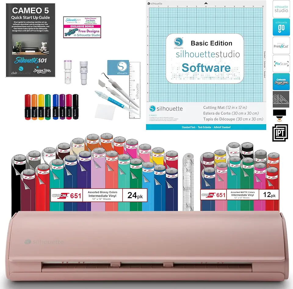 Silhouette Cameo 5 Vinyl Bundle- 36 Sheets of Vinyl, Vinyl Tool Kit, Premium Blade, Pens, and Cameo 5 Start Up Guide with Extra Designs (Matte Pink)