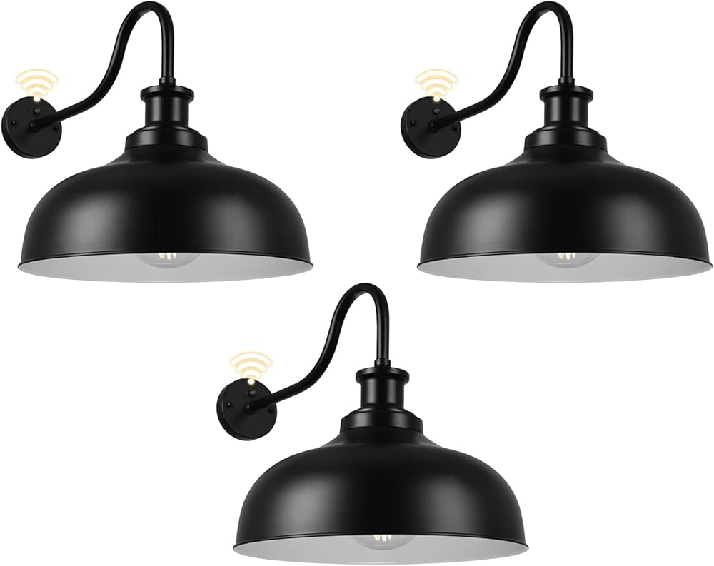 Dusk to Dawn Outdoor Gooseneck Barn Light,14 Inch Dome Outdoor Wall Sconce Farmhouse Exterior Wall Mount Light Wall Lighting Fixture Industrial Black Wall Lantern for Porch Garage, 3 Pack