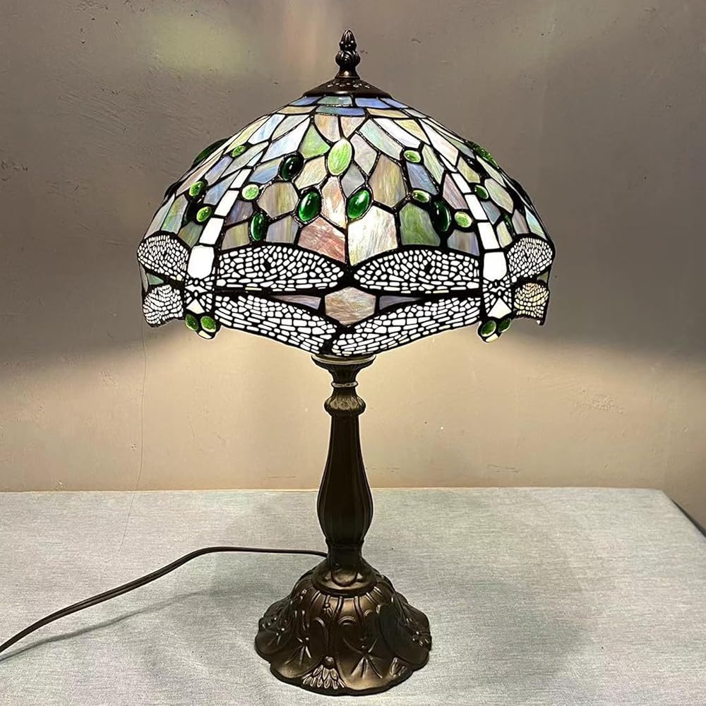 Tiffany Table Lamp Blue Dragonfly Stained GlassTable Lamps for Bedroom 12X12X19Inch Bedside Nighstand Lamp