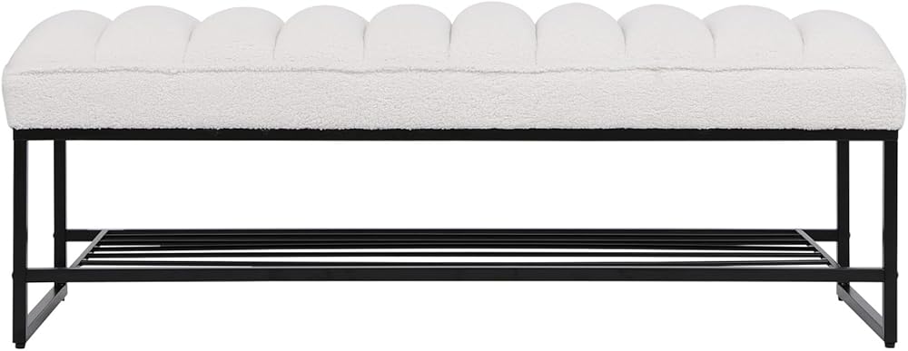 Modern Tufted Bench with Metal Shelf Sherpa Upholstered Benches End of Bed Ottoman for Bedroom Living Room Entryway White