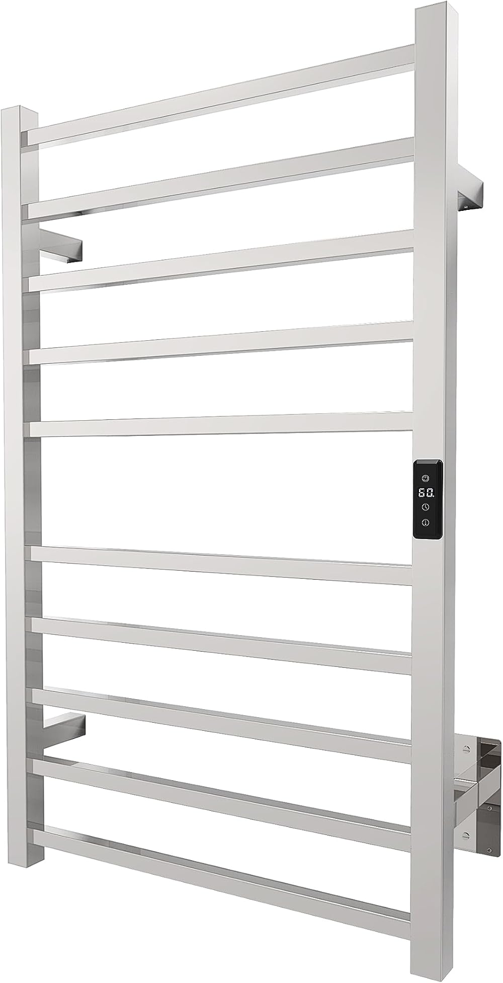 Odass | Towel Warmer | Built-in Timer with Led Indicators | Timer Modes: 1 H to 8 H, ON/Off | Temperature 30 to 60 °C (86 to 140 °F) | Wall Mounted | 10 Square Bars | Chrome