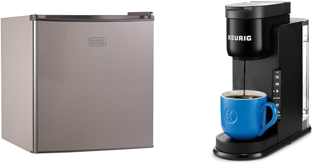 BLACK+DECKER BCRK17V Compact Refrigerator Energy Star Single Door Mini Fridge with Freezer, 1.7 Cubic Ft., VCM, Silver & Keurig K-Express Coffee Maker, Single Serve K-Cup Pod Coffee Brewer, Black