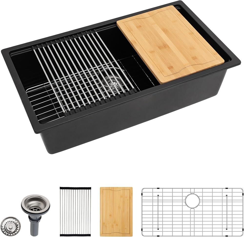 Dcolora 33 Inch Black Undermount Kitchen Sink Quartz Composite Workstation Large Sinks Deep Single Bowl, 33