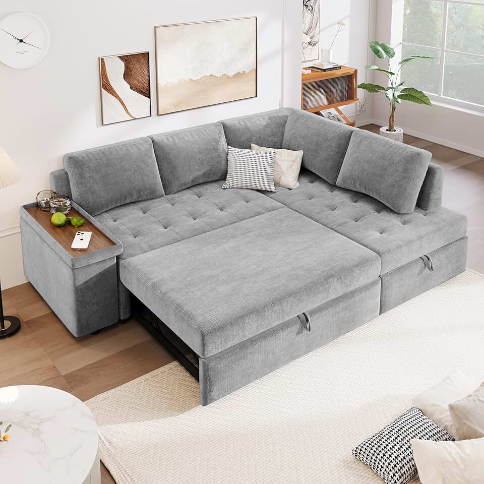Merax Modular Sectional Sleeper Sofa with Pull Out Bed and Wide Armrest, Multifunctional L Shaped Couch & Large Hidden Storage Space for Living Room, Apartments, Office, Light Grey
