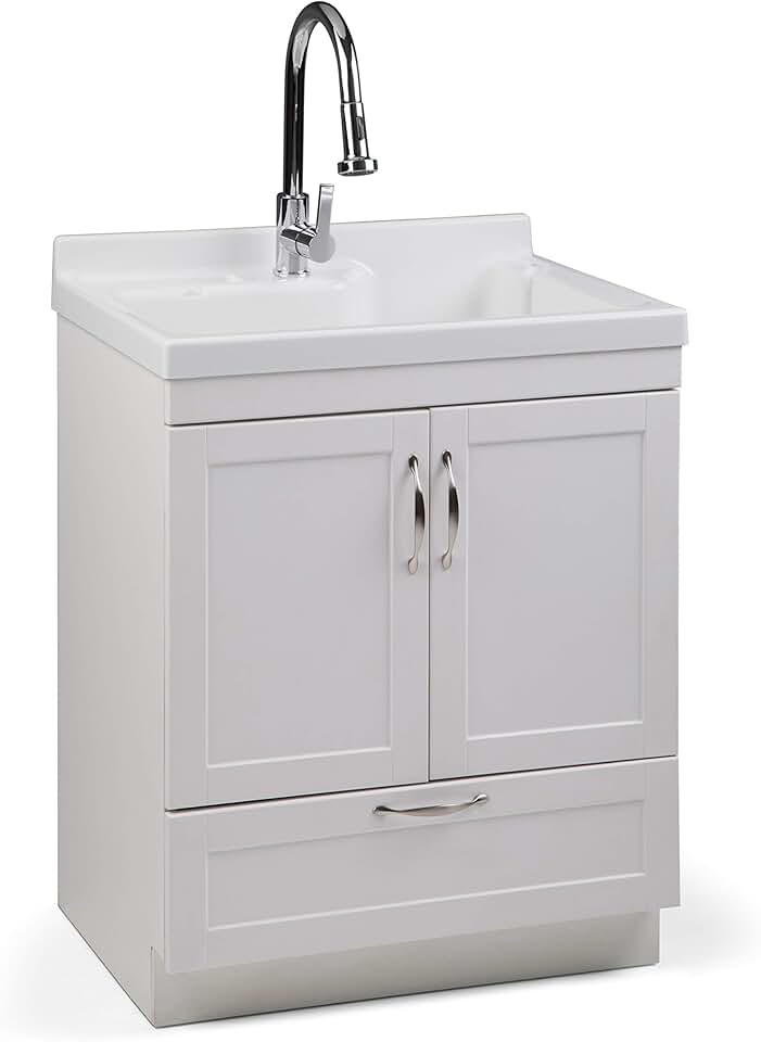 SIMPLIHOME Maile Transitional 28 Inch Laundry Cabinet with Pull-out Faucet and ABS Sink in Pure White, For the Laundry Room and Utility Room