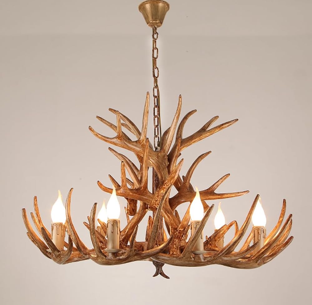 Farmhouse Antler Chandelier 9 Light,Rustic Deer Antler Ceiling Pendant Light Resin Antler Light Fixtures for Living Room Dining Room Bedroom (9 lampholder arms+ 6 arms)