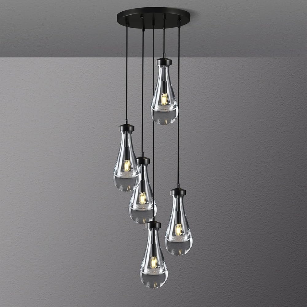 Raindrop 5 Light Cluster Pendant Light, Black High Ceiling Chandeliers Adjustable, Living Room Pendant Light, Foyer Chandeliers, Stairwell Pendant Lights, Bedroom Chandelier,E12 including bulb