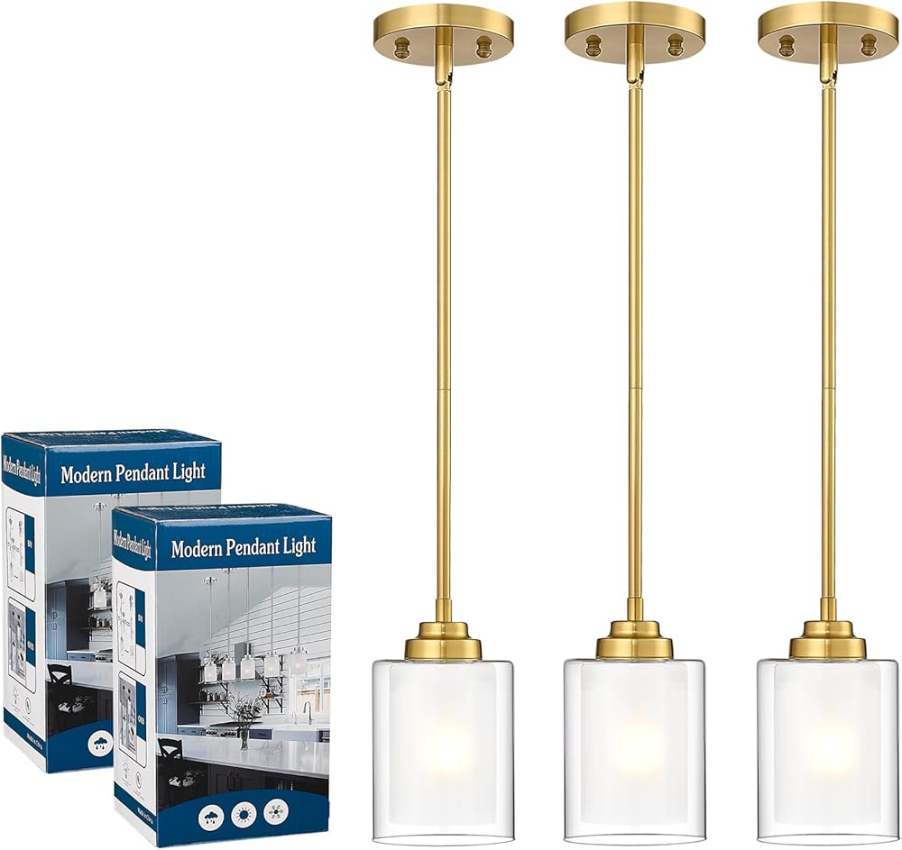 TENGXIN Modern Pendant Light,Brushed Gold Modern Pendant Light for Kitchen Island,Hanging Ceiling Light Fixture,Farmhouse Pendant Lighting for Dining Room Bedroom Bar Office 3Pack,TXPLBG02+TXPLBG02-2P