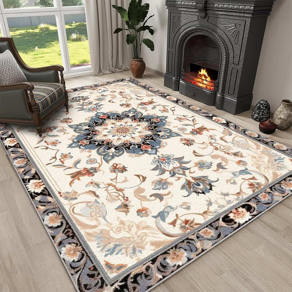 Area Rug - 5x7ft/60x84in/150x210cm, Beige,Medallion Boho Distressed Design,Non-Shedding & Easy Care,Ideal for High Traffic Areas in Living Room,Bedroom