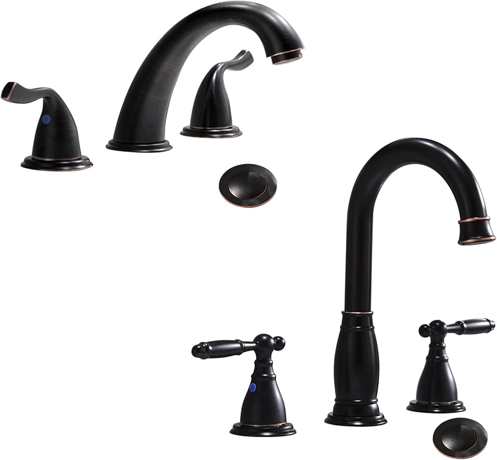 2 Handles 3 Holes High-Arc Widespread Bathroom Faucet by Phiestina, Oil Rubbed Bronze Vessel Sink Faucet with Copper Pop Up Drain