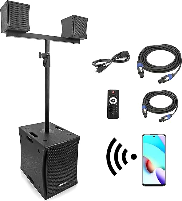 Pyle Line Array Column Speaker - Professional and Compact Sound System with 1x10'' Subwoofer, 2x4” Full Range Driver Built-in Digital Audio Amplifier with 4 Band DSP Presets
