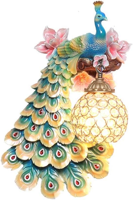 American Retro Peacock Wall Light, Resin Handmade Colorful Wall Sconces, Modern Wall-Mounted Electrical Light with Crystal Shade for Bedroom, Living Room,