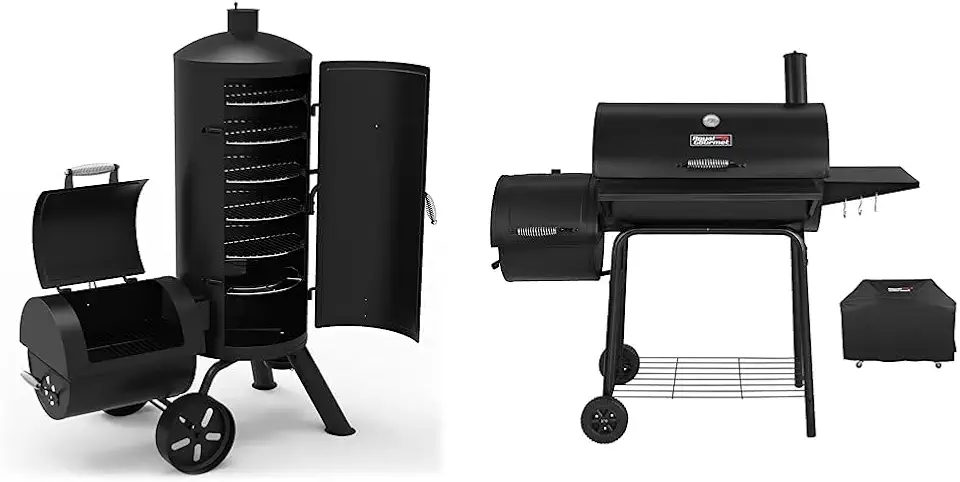 Dyna-Glo Signature Series DGSS1382VCS-D Heavy-Duty Vertical Offset Charcoal Smoker & Grill & Royal Gourmet CC1830SC Charcoal Grill Offset Smoker with Cover, 811 Square Inches, Black, Outdoor Camping