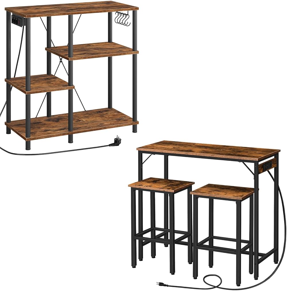 Bakers Rack with Power Outlet, 3-Piece Bar Table Set with Power Outlet, Bar Stools, and Chairs BF07HB01-BF45UBT01