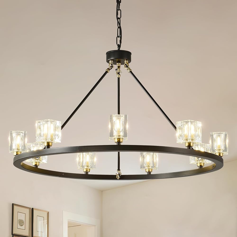 Black Gold Large Wagon Wheel Chandelier 32”, 9-Light Modern Farmhouse Chandelier Light Fixture, Crystal Industrial Chandeliers for Dining Living Room, Foyer, Entryway, Hallway, G9