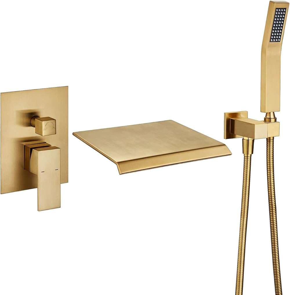 Waterfall Tub Faucet Wall Mount Roman Tub Filler Brushed Gold Single Handle Brass Bathroom Bathtub Faucet with Hand Shower
