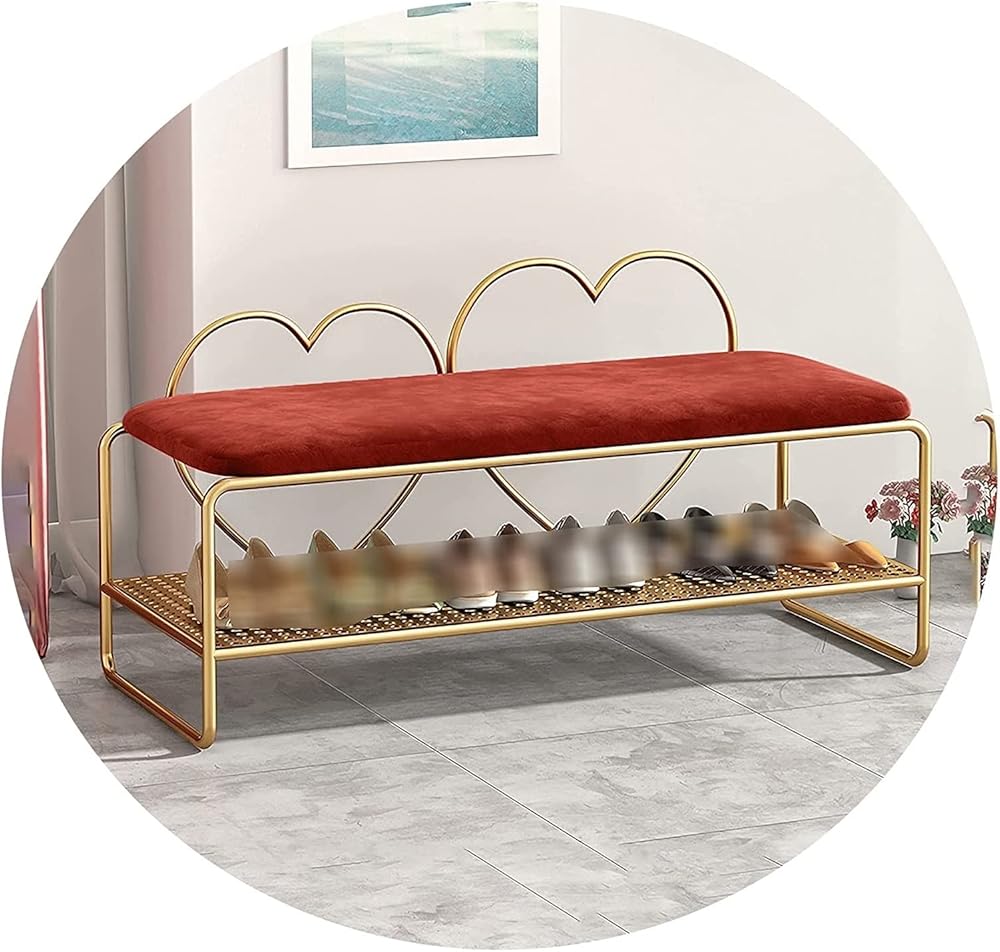 Shoe Storage Bench Entryway Hallway Furniture, Metal Shoe Rack, Entryway Shoe Rack Simple and Creative Heart Shape, Shoe Rack Cabinet, Change Shoe Stool with Soft Cushion(Red+gold)