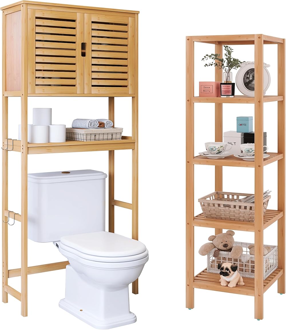 SMIBUY Bathroom Over The Toilet Storage Cabinet and Bathroom Storage Shelf, 2 Door Bamboo Cabinet Organizer and 5-Tier Bamboo Rack Organizer (Natural)