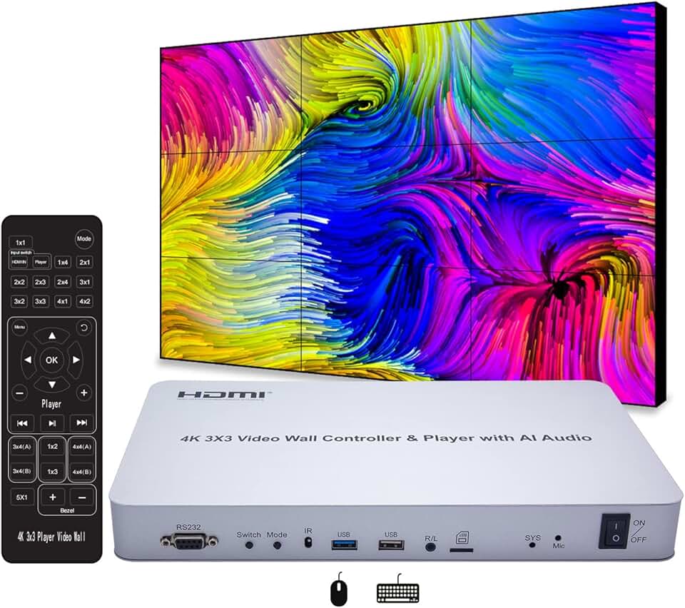 3x3 Video Wall Controller 3840x2160/60HZ 4K with Media Player Splitter, Support HDMI 4K@30HZ Input, 1080/60HZ Each Output , IR Remote+Voice Control+RS232, Edge Masking, 3x2 2x2 3x1 2x3 4x2 2x4 Mode