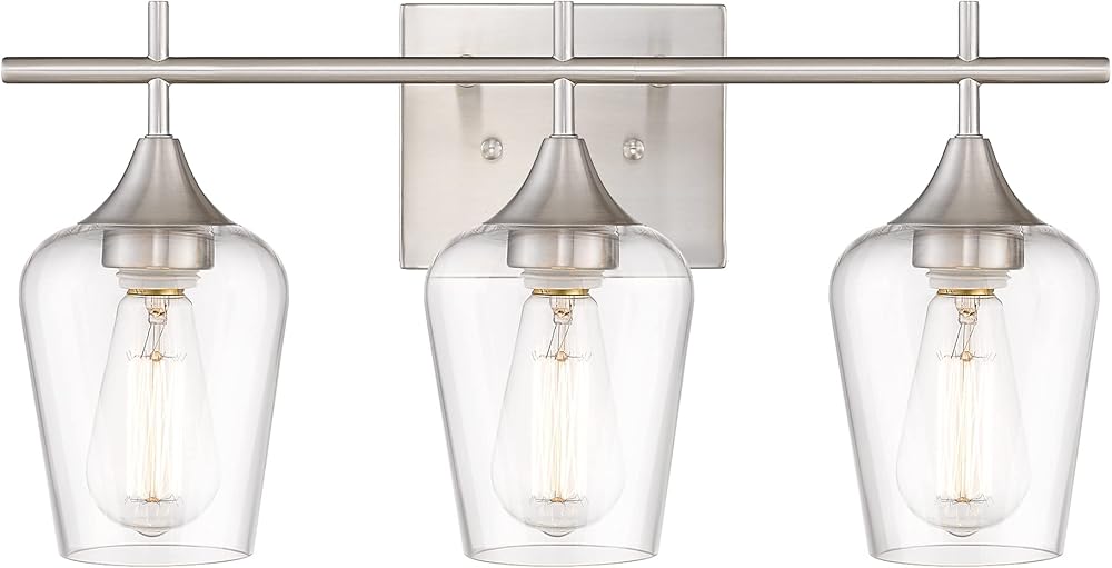 3 Light Bathroom Light Fixtures Over Mirror, 21 Inch Brushed Nickel Bathroom Vanity Lights, Modern Farmhouse Bath Wall Sconces with Clear Glass Shade, WL9167-3C
